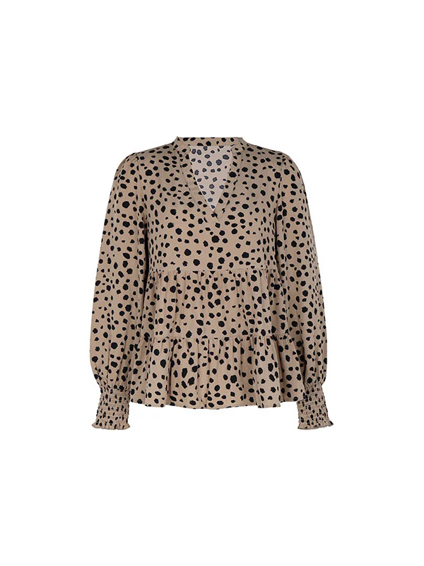 Long Sleeves Loose Elasticity Polka-Dot Split-Joint V-Neck Blouses&Shirts Tops - Image 20