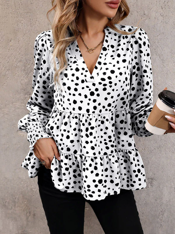 Long Sleeves Loose Elasticity Polka-Dot Split-Joint V-Neck Blouses&Shirts Tops - Image 3