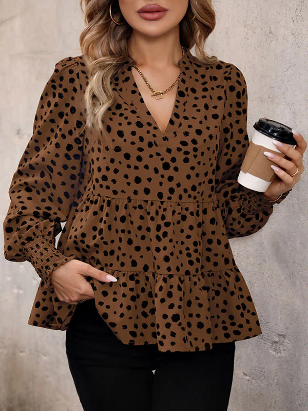 Long Sleeves Loose Elasticity Polka-Dot Split-Joint V-Neck Blouses&Shirts Tops - Image 4