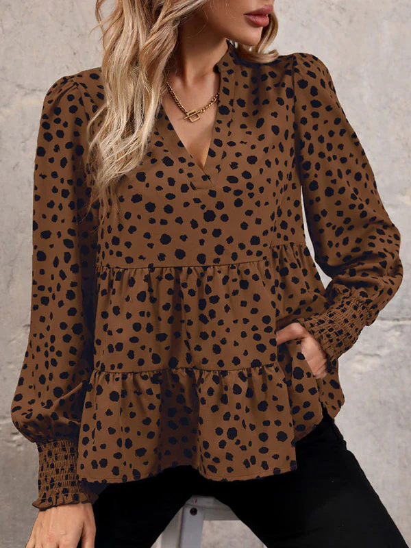 Long Sleeves Loose Elasticity Polka-Dot Split-Joint V-Neck Blouses&Shirts Tops - Image 5