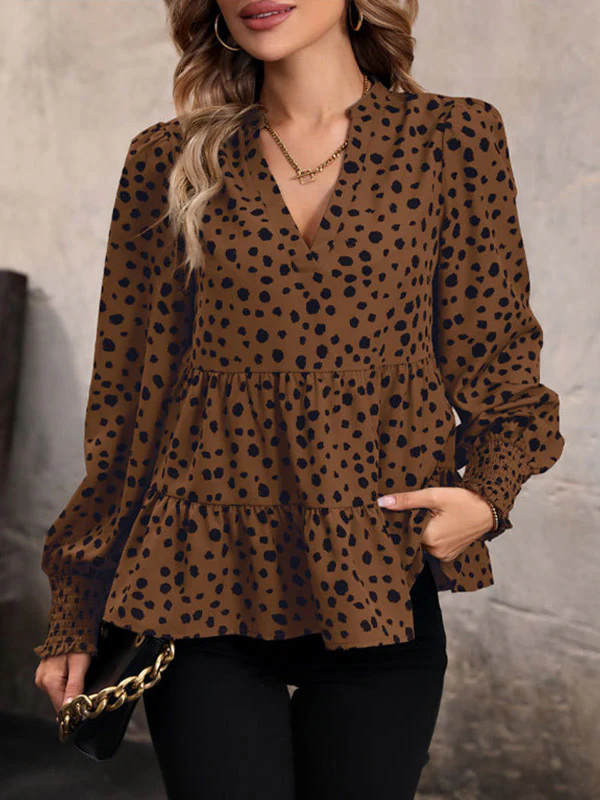 Long Sleeves Loose Elasticity Polka-Dot Split-Joint V-Neck Blouses&Shirts Tops - Image 6