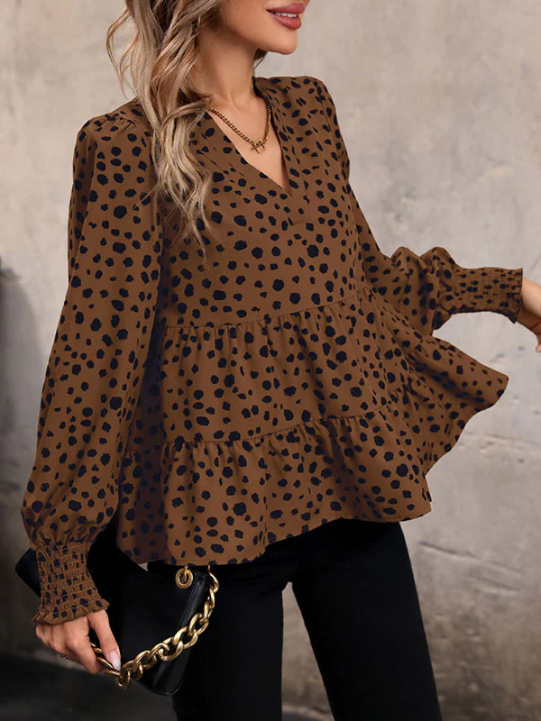 Long Sleeves Loose Elasticity Polka-Dot Split-Joint V-Neck Blouses&Shirts Tops - Image 7
