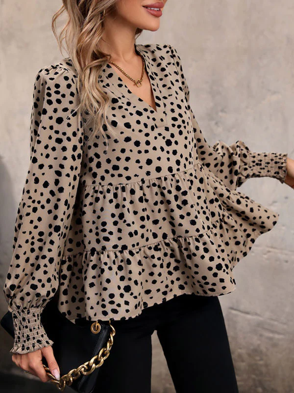 Long Sleeves Loose Elasticity Polka-Dot Split-Joint V-Neck Blouses&Shirts Tops - Image 8