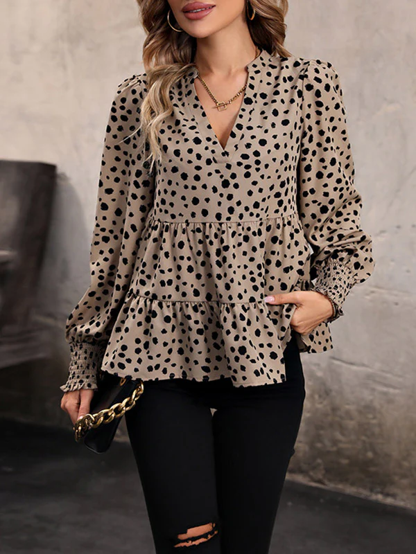 Long Sleeves Loose Elasticity Polka-Dot Split-Joint V-Neck Blouses&Shirts Tops - Image 9