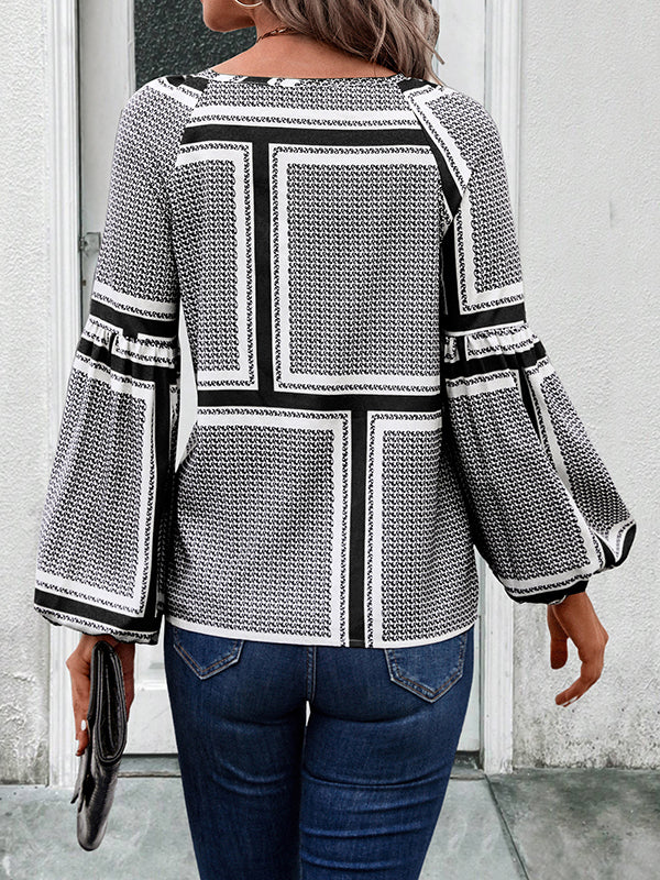 Long Sleeves Loose Elasticity Print Tied V-Neck Blouses&Shirts Tops - Image 12