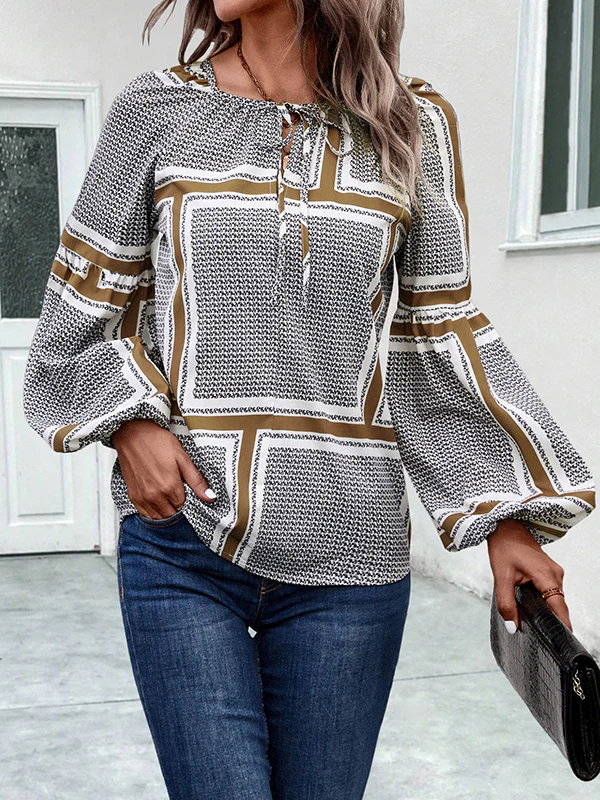 Long Sleeves Loose Elasticity Print Tied V-Neck Blouses&Shirts Tops - Image 3