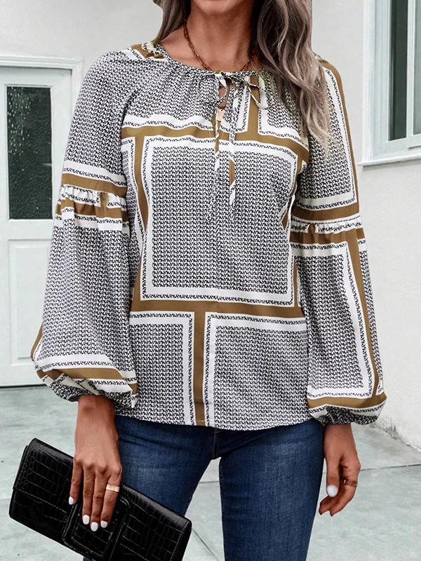 Long Sleeves Loose Elasticity Print Tied V-Neck Blouses&Shirts Tops - Image 4