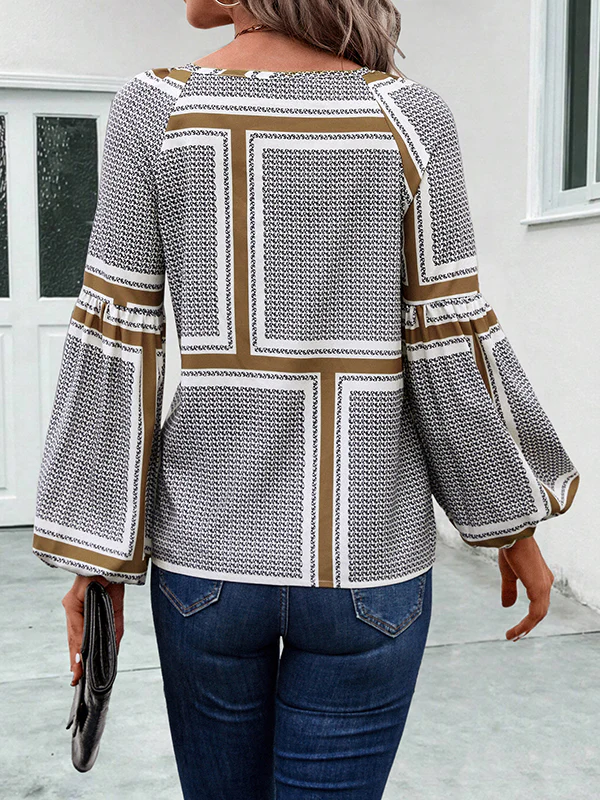 Long Sleeves Loose Elasticity Print Tied V-Neck Blouses&Shirts Tops - Image 7