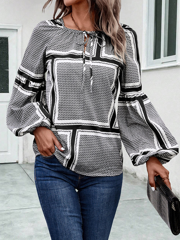 Long Sleeves Loose Elasticity Print Tied V-Neck Blouses&Shirts Tops - Image 9
