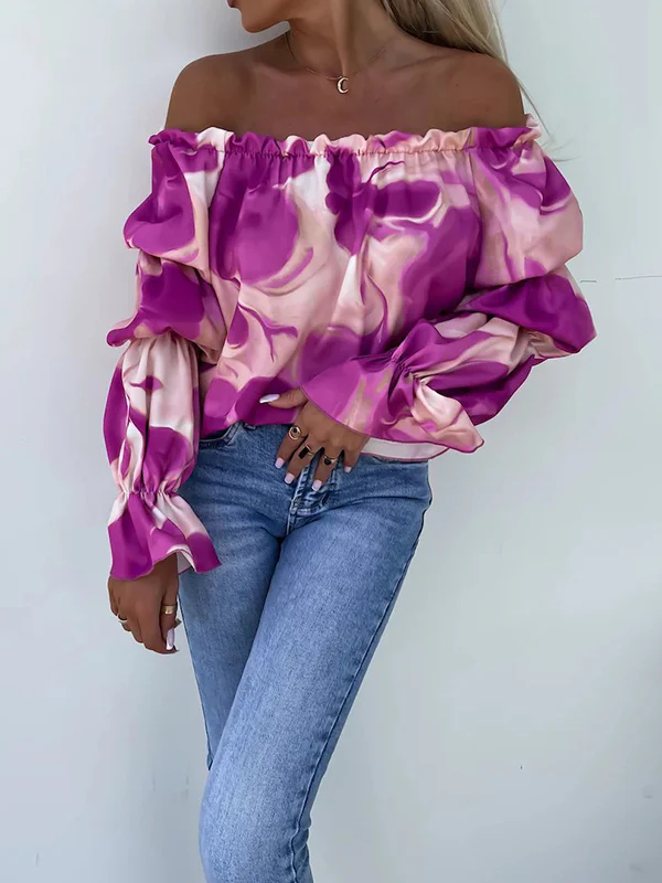 Long Sleeves Loose Elasticity Printed Off-The-Shoulder T-Shirts Tops - Image 2