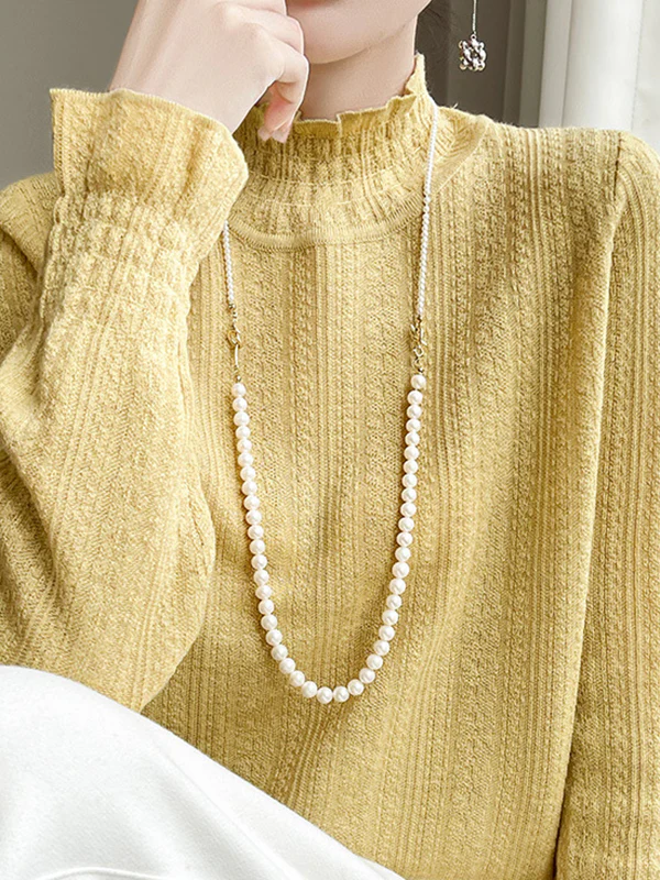 Long Sleeves Loose Elasticity Ruffle Trim Solid Color Mock Neck T-Shirts Tops - Image 10