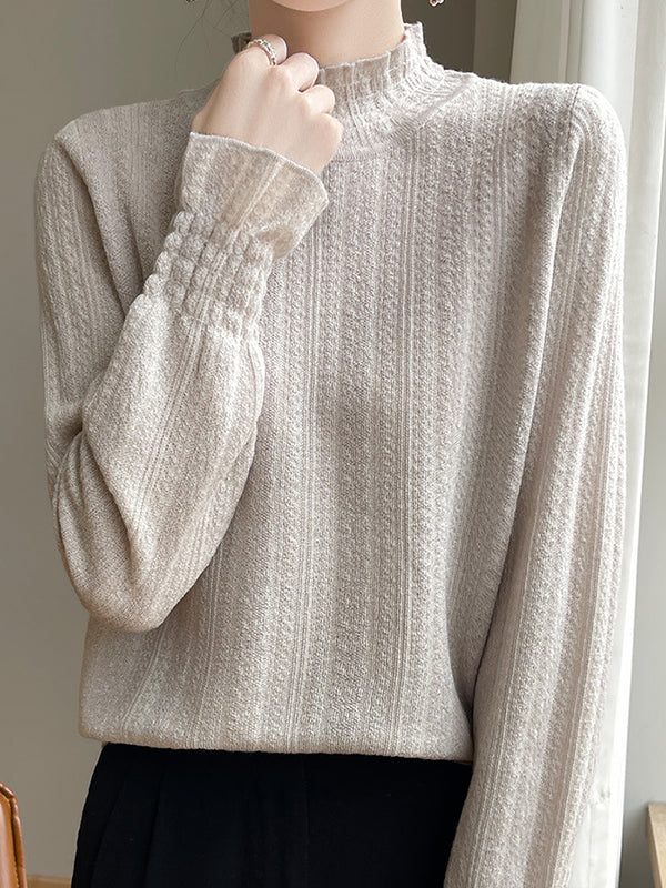 Long Sleeves Loose Elasticity Ruffle Trim Solid Color Mock Neck T-Shirts Tops - Image 11