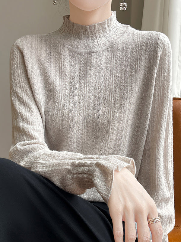 Long Sleeves Loose Elasticity Ruffle Trim Solid Color Mock Neck T-Shirts Tops - Image 12
