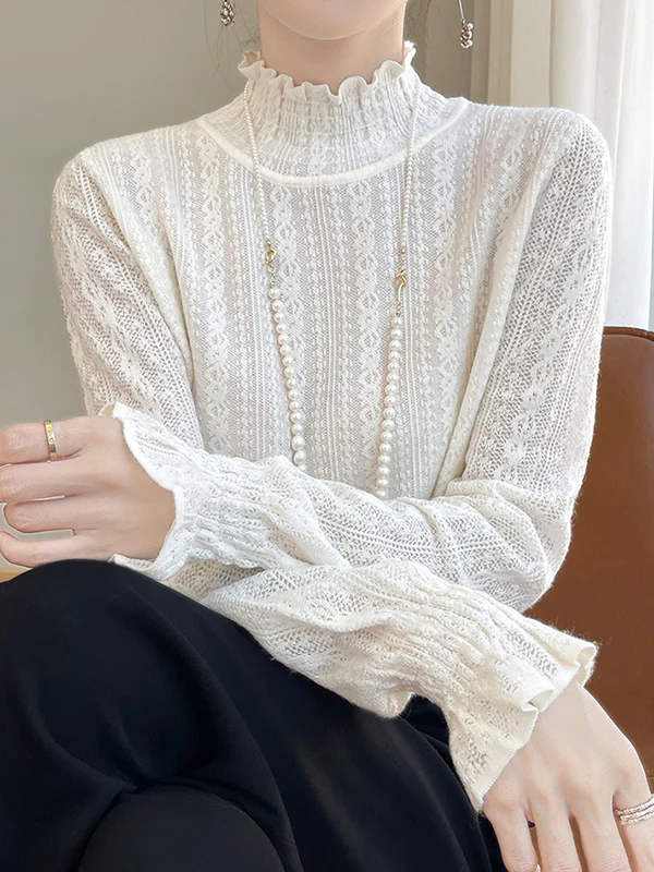 Long Sleeves Loose Elasticity Ruffle Trim Solid Color Mock Neck T-Shirts Tops - Image 13