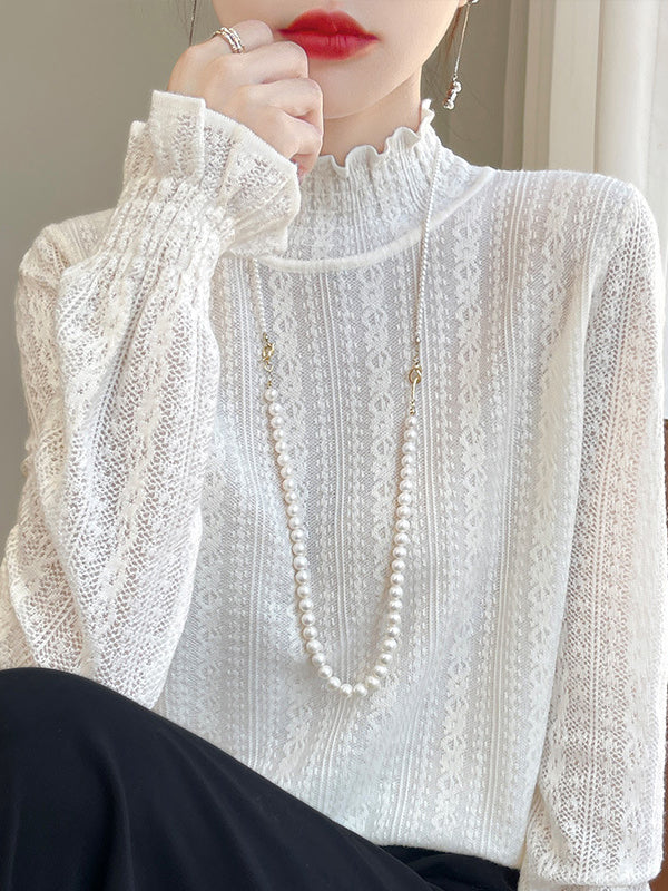 Long Sleeves Loose Elasticity Ruffle Trim Solid Color Mock Neck T-Shirts Tops - Image 14