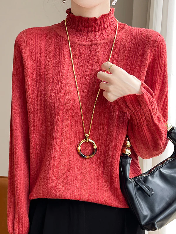 Long Sleeves Loose Elasticity Ruffle Trim Solid Color Mock Neck T-Shirts Tops - Image 15