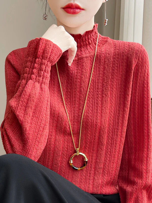 Long Sleeves Loose Elasticity Ruffle Trim Solid Color Mock Neck T-Shirts Tops - Image 16