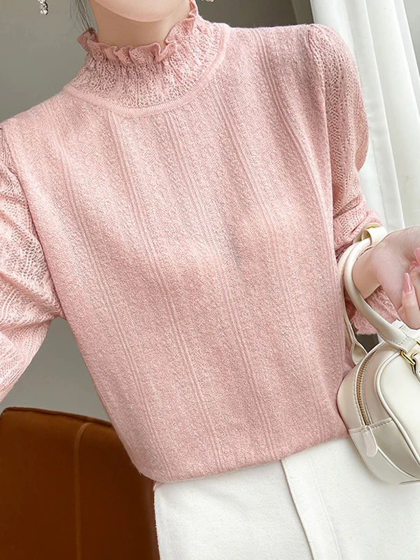 Long Sleeves Loose Elasticity Ruffle Trim Solid Color Mock Neck T-Shirts Tops - Image 17