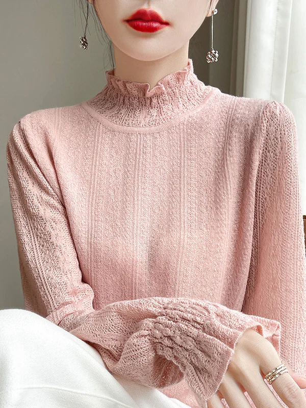 Long Sleeves Loose Elasticity Ruffle Trim Solid Color Mock Neck T-Shirts Tops - Image 18