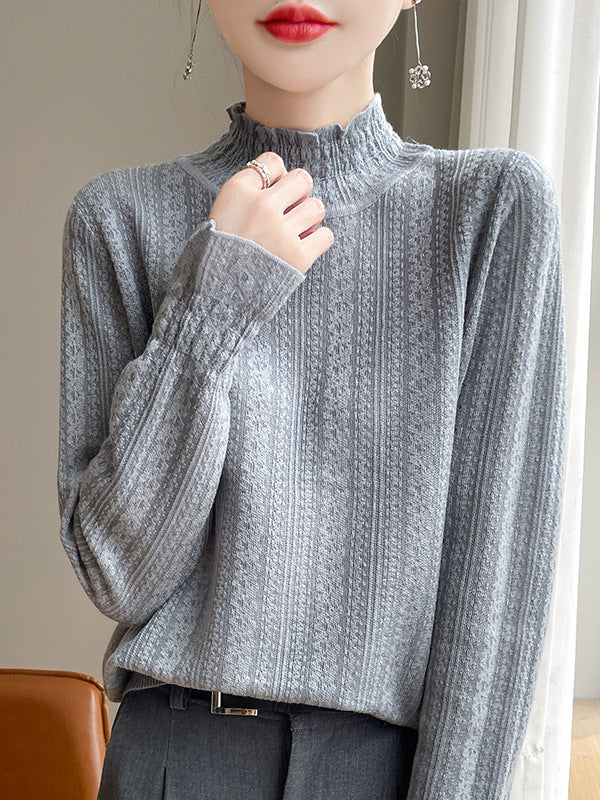 Long Sleeves Loose Elasticity Ruffle Trim Solid Color Mock Neck T-Shirts Tops - Image 19