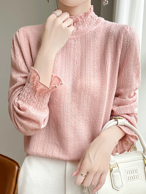 Long Sleeves Loose Elasticity Ruffle Trim Solid Color Mock Neck T-Shirts Tops - Image 2