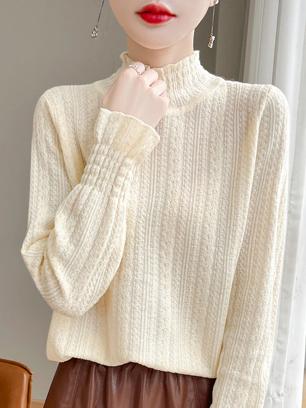 Long Sleeves Loose Elasticity Ruffle Trim Solid Color Mock Neck T-Shirts Tops - Image 20