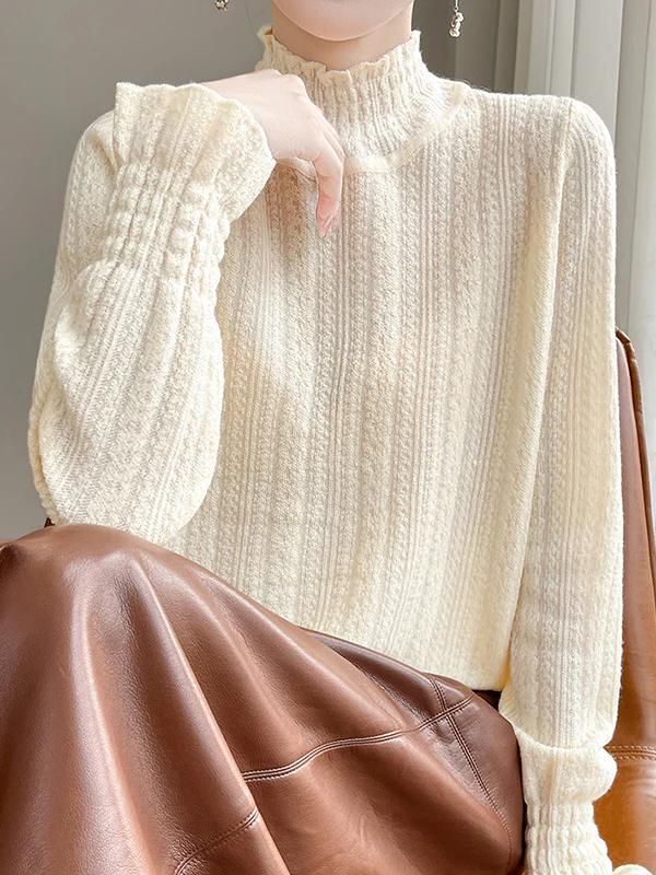 Long Sleeves Loose Elasticity Ruffle Trim Solid Color Mock Neck T-Shirts Tops - Image 21