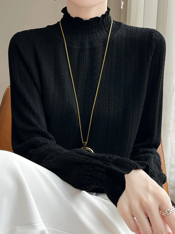 Long Sleeves Loose Elasticity Ruffle Trim Solid Color Mock Neck T-Shirts Tops - Image 22