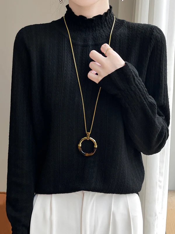 Long Sleeves Loose Elasticity Ruffle Trim Solid Color Mock Neck T-Shirts Tops - Image 23