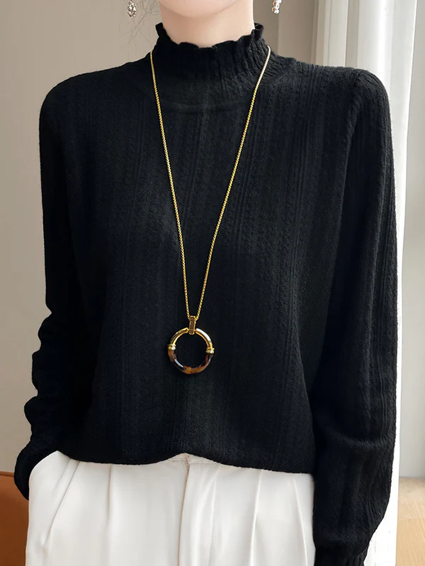 Long Sleeves Loose Elasticity Ruffle Trim Solid Color Mock Neck T-Shirts Tops - Image 24
