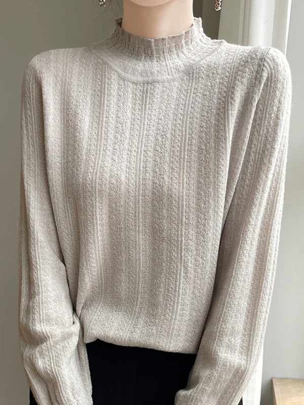 Long Sleeves Loose Elasticity Ruffle Trim Solid Color Mock Neck T-Shirts Tops - Image 3