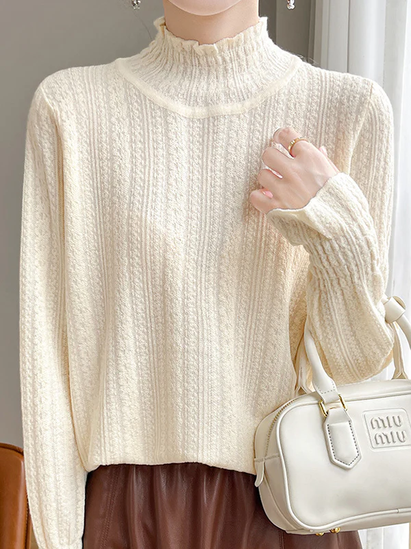 Long Sleeves Loose Elasticity Ruffle Trim Solid Color Mock Neck T-Shirts Tops - Image 5