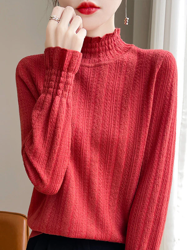 Long Sleeves Loose Elasticity Ruffle Trim Solid Color Mock Neck T-Shirts Tops - Image 6