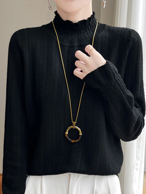 Long Sleeves Loose Elasticity Ruffle Trim Solid Color Mock Neck T-Shirts Tops - Image 7