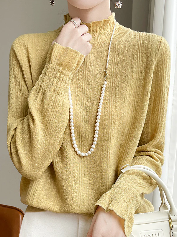 Long Sleeves Loose Elasticity Ruffle Trim Solid Color Mock Neck T-Shirts Tops - Image 8