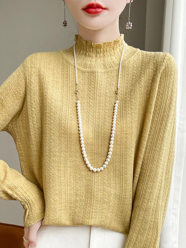 Long Sleeves Loose Elasticity Ruffle Trim Solid Color Mock Neck T-Shirts Tops - Image 9