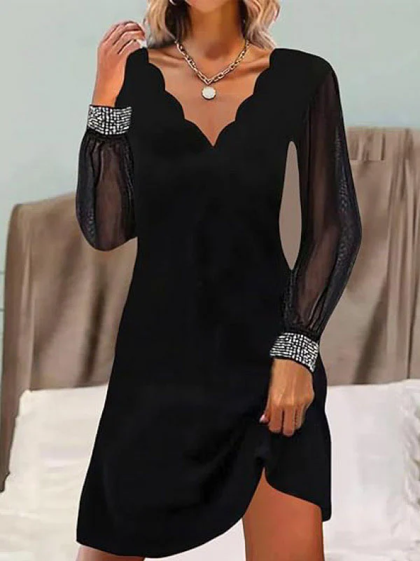 Long Sleeves Loose Elasticity See-Through Split-Joint V-Neck Mini Dresses