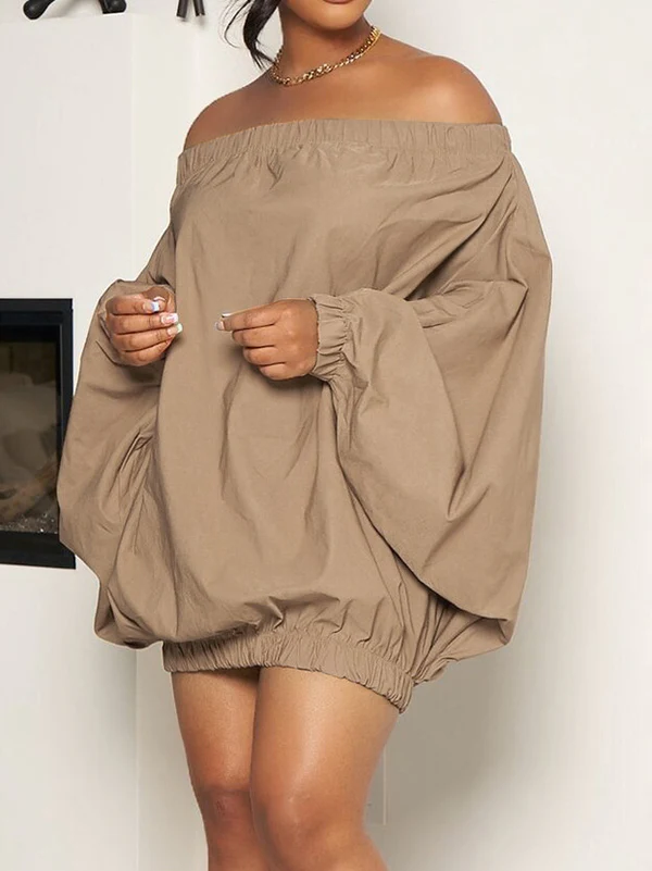 Long Sleeves Loose Elasticity Solid Color Off-The-Shoulder Mini Dresses - Image 11