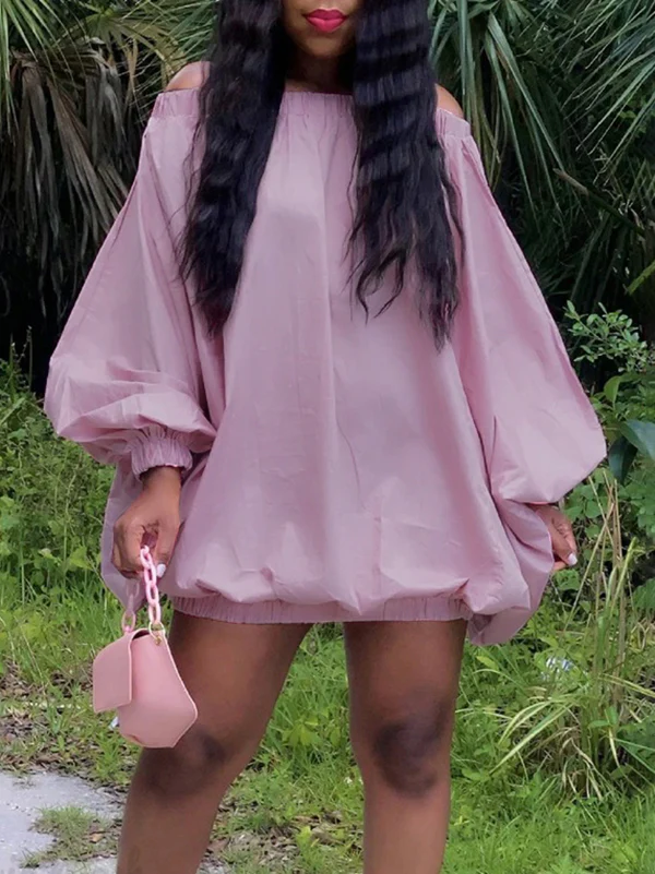 Long Sleeves Loose Elasticity Solid Color Off-The-Shoulder Mini Dresses - Image 5