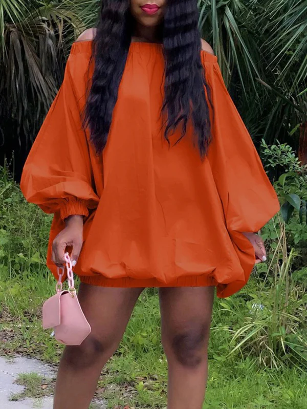 Long Sleeves Loose Elasticity Solid Color Off-The-Shoulder Mini Dresses - Image 6