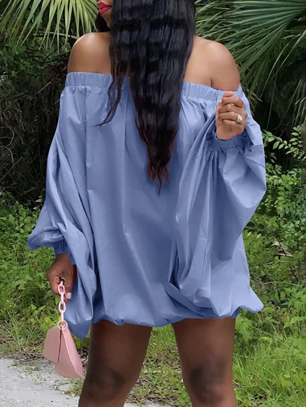 Long Sleeves Loose Elasticity Solid Color Off-The-Shoulder Mini Dresses - Image 9