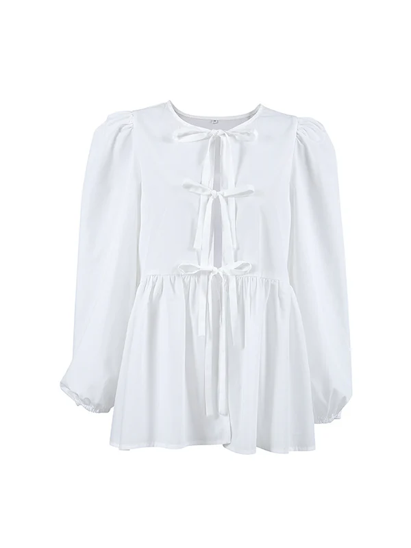 Long Sleeves Loose Elasticity Solid Color Split-Joint Tied Round-Neck Blouses&Shirts Tops - Image 10