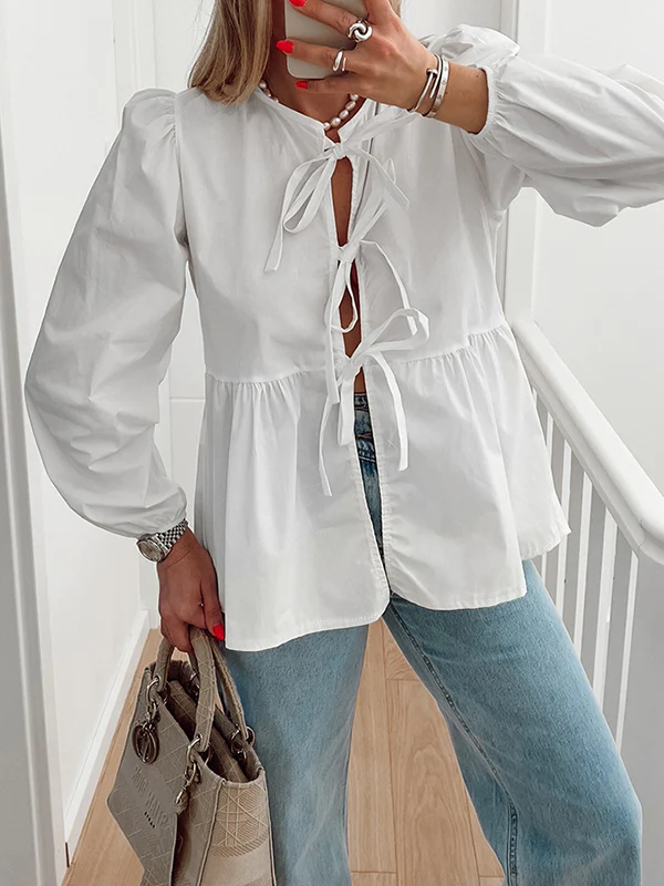 Long Sleeves Loose Elasticity Solid Color Split-Joint Tied Round-Neck Blouses&Shirts Tops - Image 2