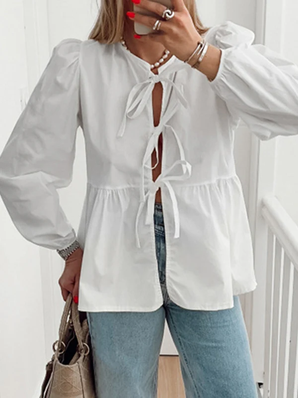 Long Sleeves Loose Elasticity Solid Color Split-Joint Tied Round-Neck Blouses&Shirts Tops - Image 3