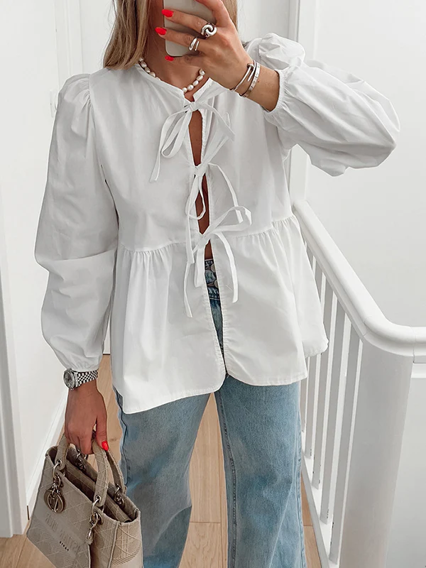 Long Sleeves Loose Elasticity Solid Color Split-Joint Tied Round-Neck Blouses&Shirts Tops - Image 4
