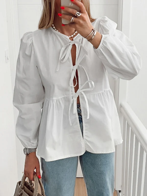 Long Sleeves Loose Elasticity Solid Color Split-Joint Tied Round-Neck Blouses&Shirts Tops - Image 5