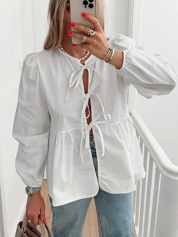 Long Sleeves Loose Elasticity Solid Color Split-Joint Tied Round-Neck Blouses&Shirts Tops - Image 6