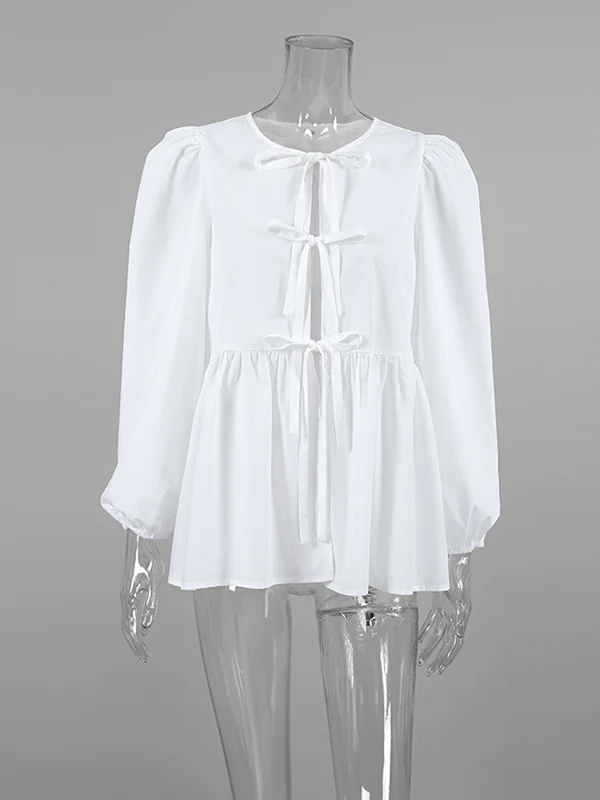 Long Sleeves Loose Elasticity Solid Color Split-Joint Tied Round-Neck Blouses&Shirts Tops - Image 7
