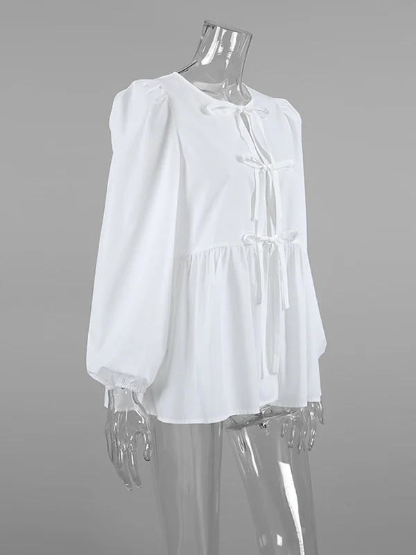 Long Sleeves Loose Elasticity Solid Color Split-Joint Tied Round-Neck Blouses&Shirts Tops - Image 8