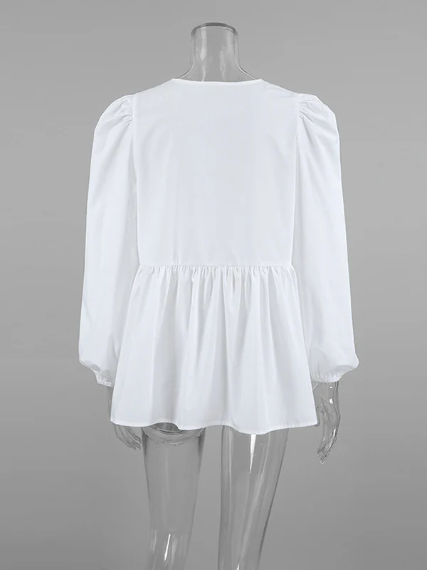 Long Sleeves Loose Elasticity Solid Color Split-Joint Tied Round-Neck Blouses&Shirts Tops - Image 9
